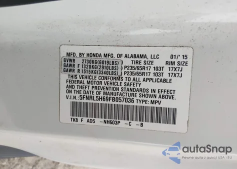 2015 Honda Odyssey Ex-L z USA, uszkodzony, nr VIN 5FNRL5H69FB057036